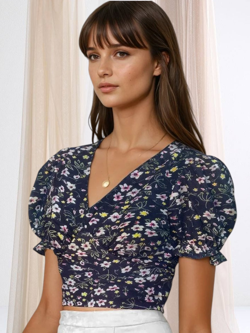 Elysian Bloom Puff Sleeve Crop Top – Chic Floral Elegance in Yellow, Black & Blue