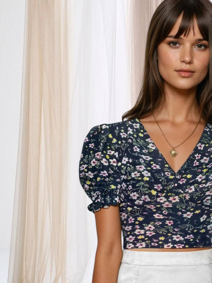 Elysian Bloom Puff Sleeve Crop Top – Chic Floral Elegance in Yellow, Black & Blue
