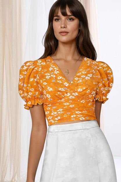 Elysian Bloom Puff Sleeve Crop Top – Chic Floral Elegance in Yellow, Black & Blue