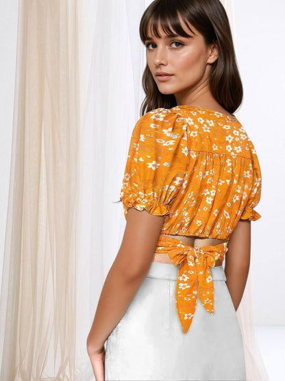 Elysian Bloom Puff Sleeve Crop Top – Chic Floral Elegance in Yellow, Black & Blue