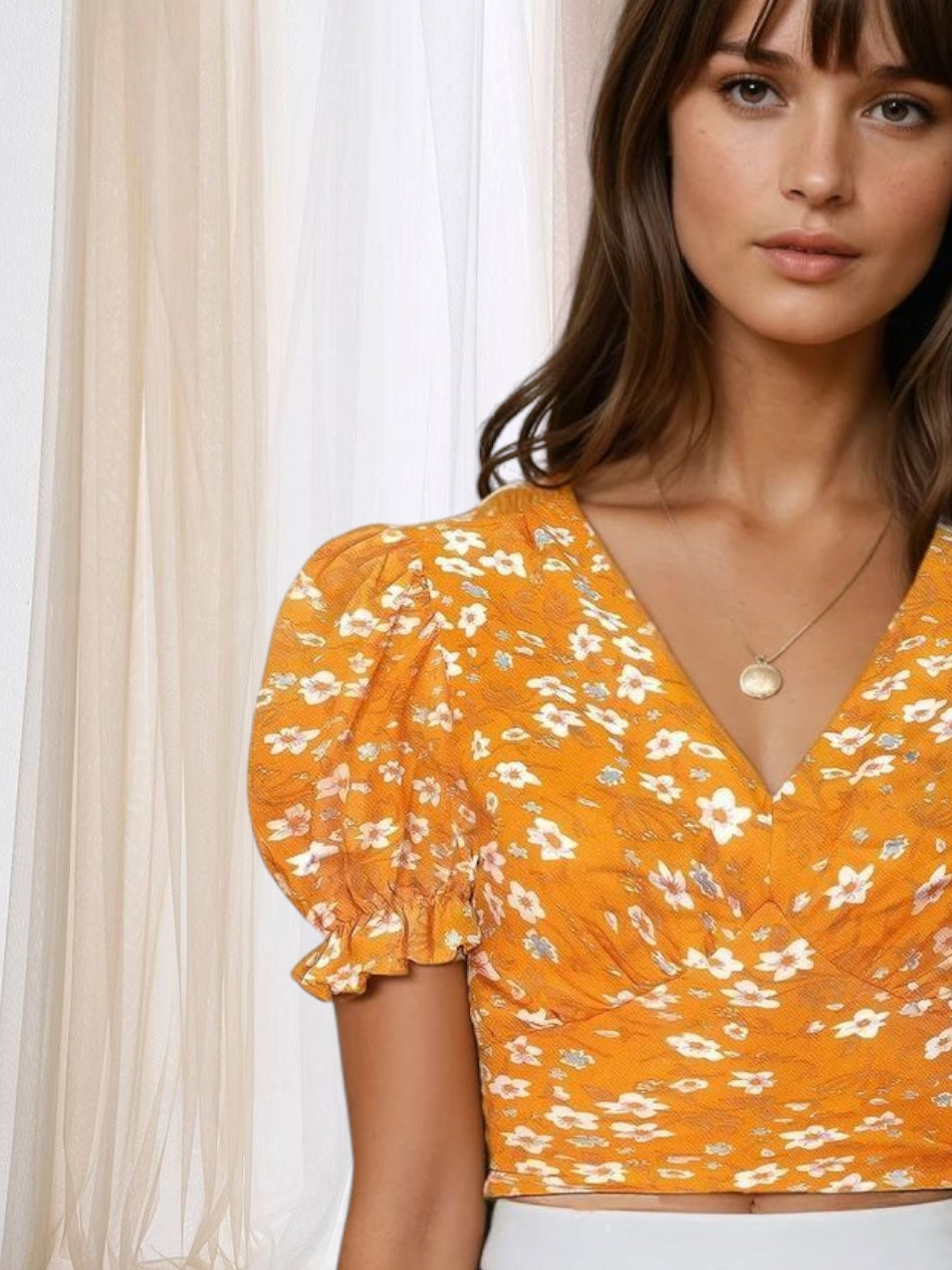 Elysian Bloom Puff Sleeve Crop Top – Chic Floral Elegance in Yellow, Black & Blue