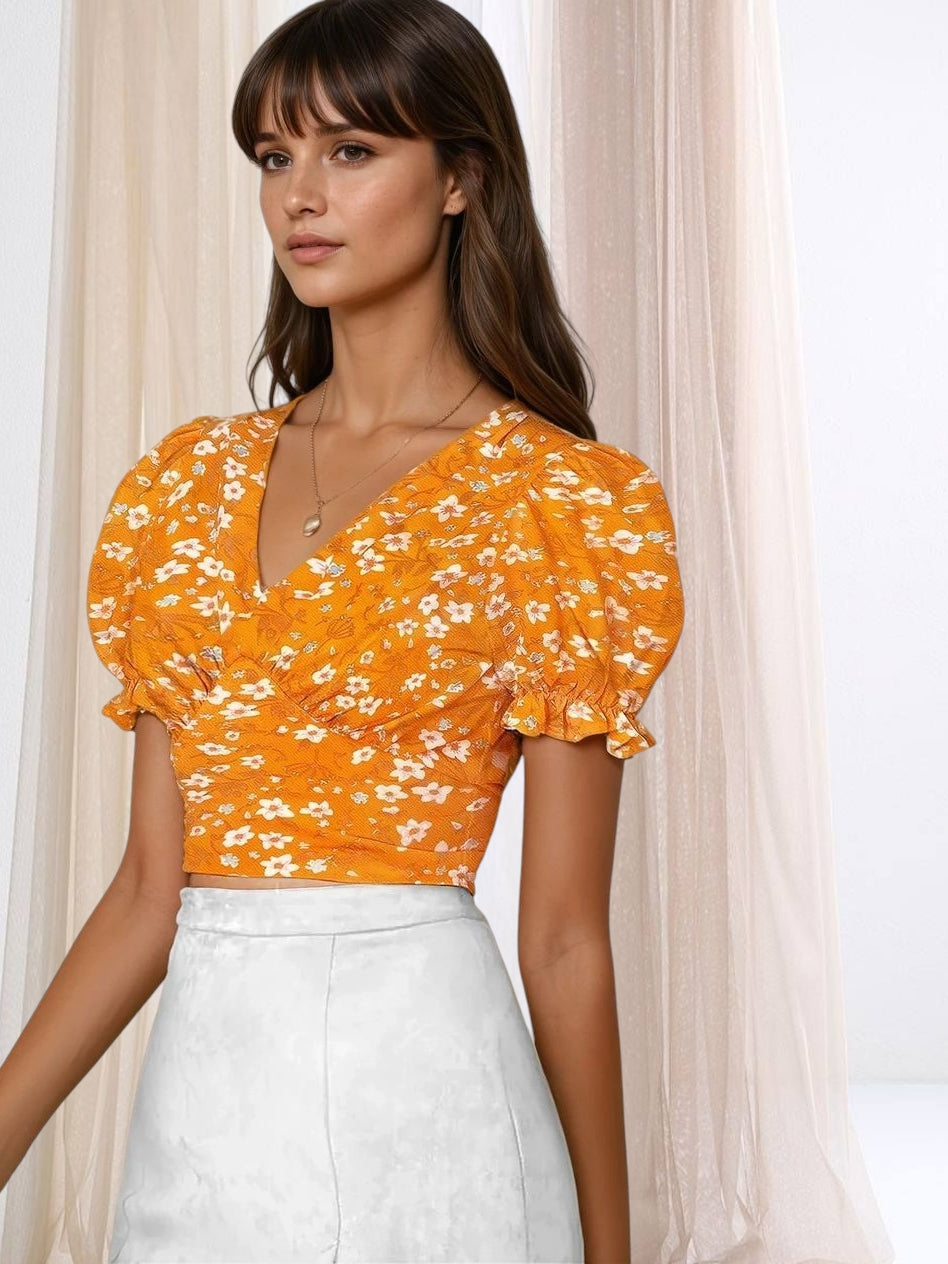 Elysian Bloom Puff Sleeve Crop Top – Chic Floral Elegance in Yellow, Black & Blue
