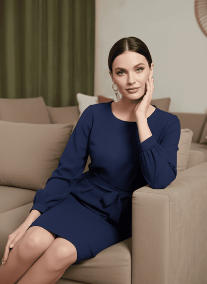 The Executive Sheath: Chic Navy Tie - Waist Pencil Dress | Perfect for Office, Meetings & Formal Events - Uvercee