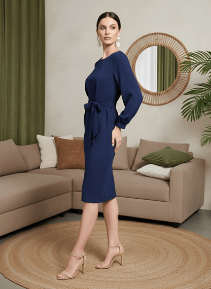 The Executive Sheath: Chic Navy Tie - Waist Pencil Dress | Perfect for Office, Meetings & Formal Events - Uvercee