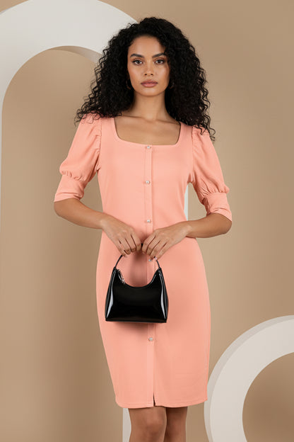 Trending Puff Sleeve Button-Down Midi Dress - Slim Fit, Square Neck, Knee-Length