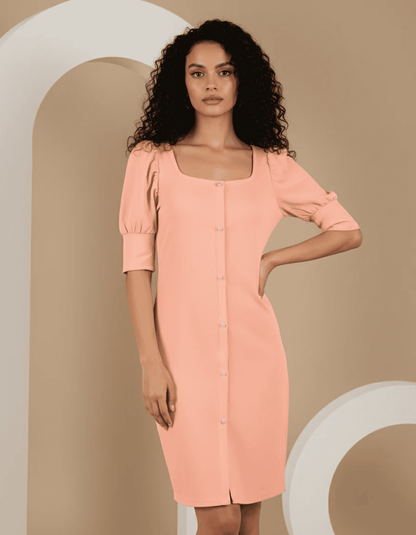 Trending Puff Sleeve Button-Down Midi Dress - Slim Fit, Square Neck, Knee-Length