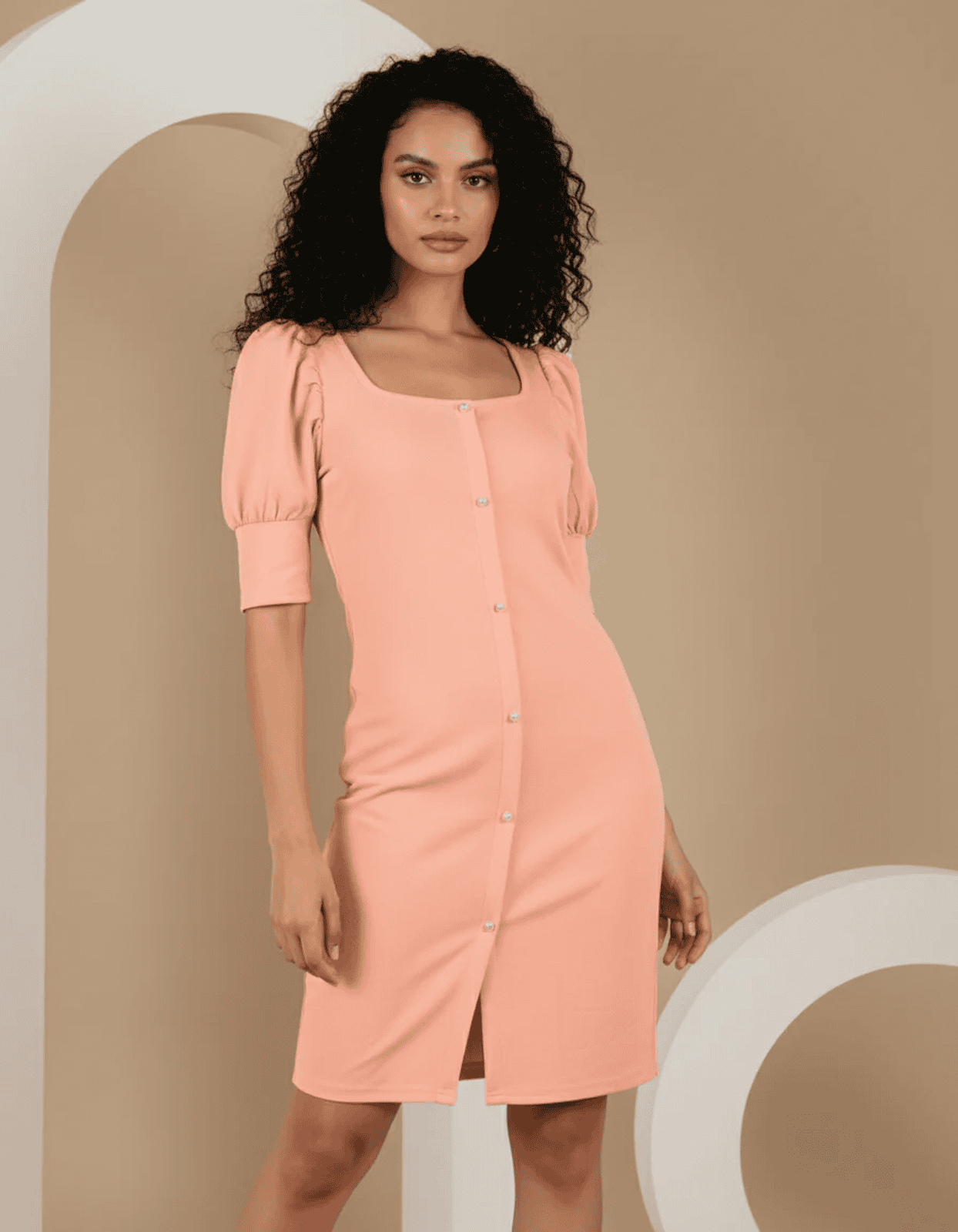 Trending Puff Sleeve Button-Down Midi Dress - Slim Fit, Square Neck, Knee-Length