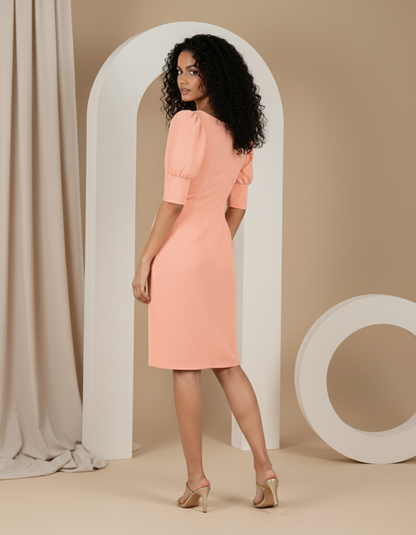 Trending Puff Sleeve Button-Down Midi Dress - Slim Fit, Square Neck, Knee-Length