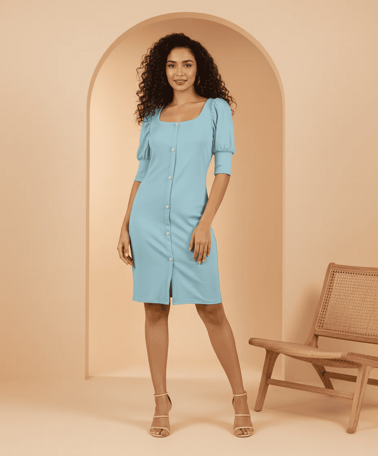 Trending Puff Sleeve Button-Down Midi Dress - Slim Fit, Square Neck, Knee-Length