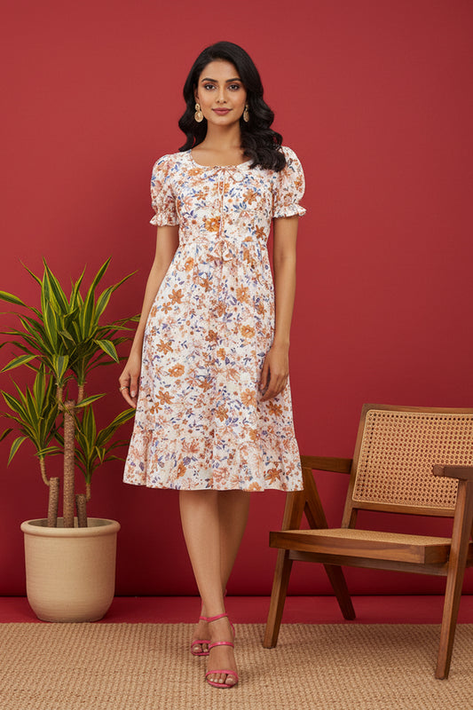 Chic Floral Print Puff Sleeve Midi Dress - Versatile A-Line Daywear