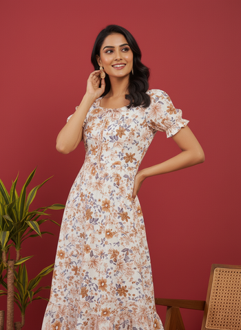 Chic Floral Print Puff Sleeve Midi Dress - Versatile A-Line Daywear
