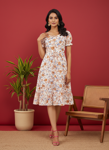 Chic Floral Print Puff Sleeve Midi Dress - Versatile A-Line Daywear