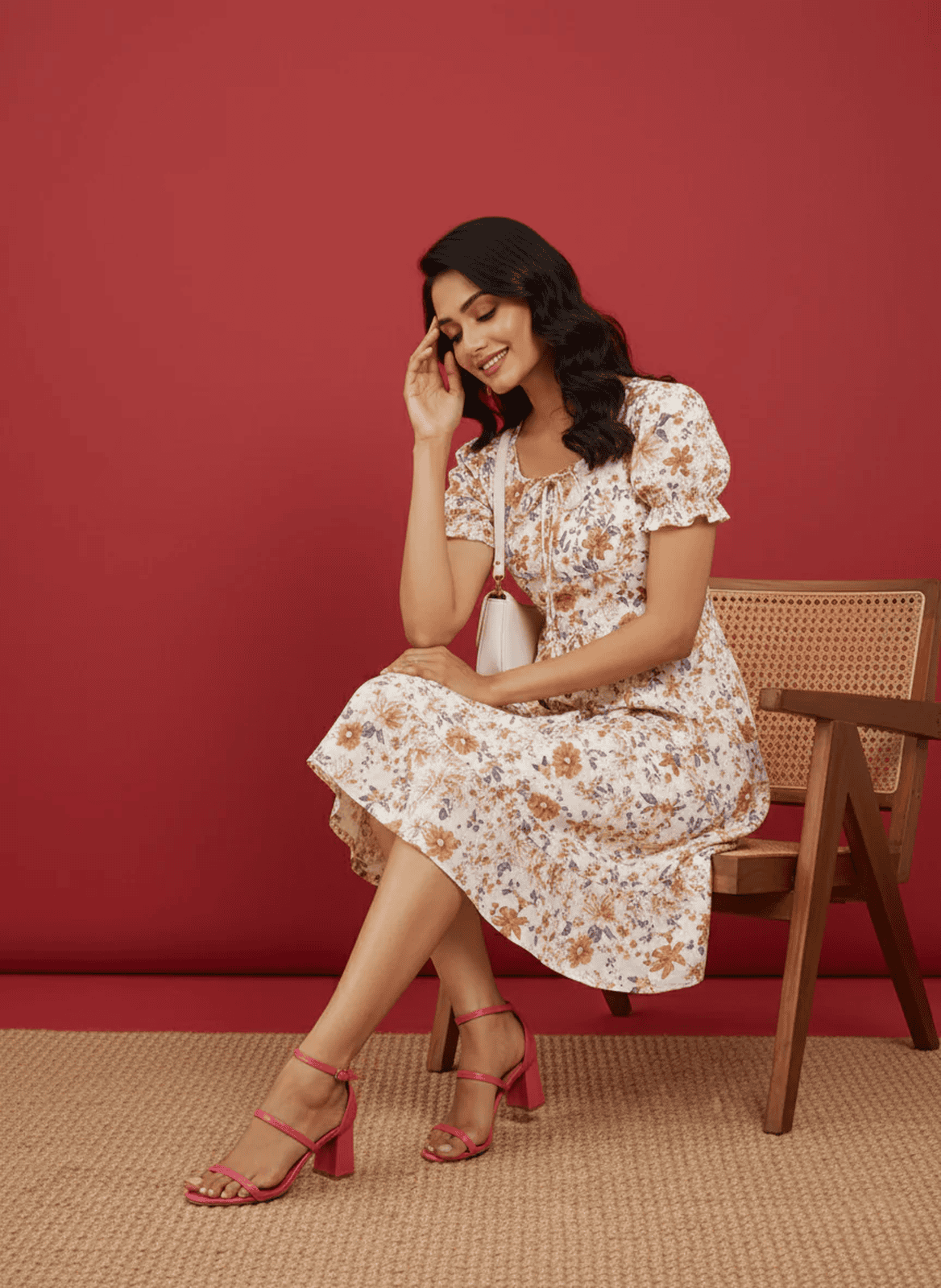 Chic Floral Print Puff Sleeve Midi Dress - Versatile A-Line Daywear