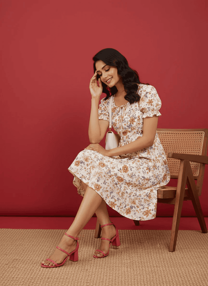 Chic Floral Print Puff Sleeve Midi Dress - Versatile A-Line Daywear