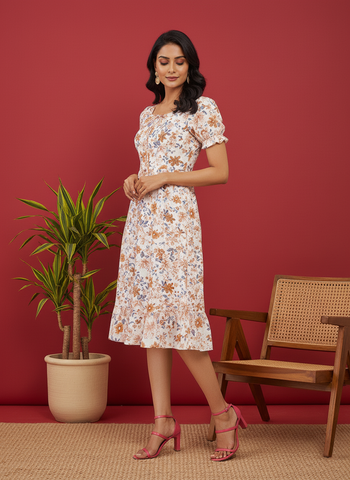 Chic Floral Print Puff Sleeve Midi Dress - Versatile A-Line Daywear