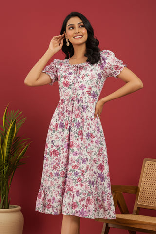Chic Floral Print Puff Sleeve Midi Dress - Versatile A-Line Daywear