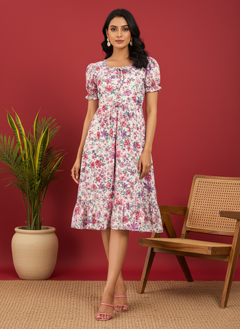 Chic Floral Print Puff Sleeve Midi Dress - Versatile A-Line Daywear