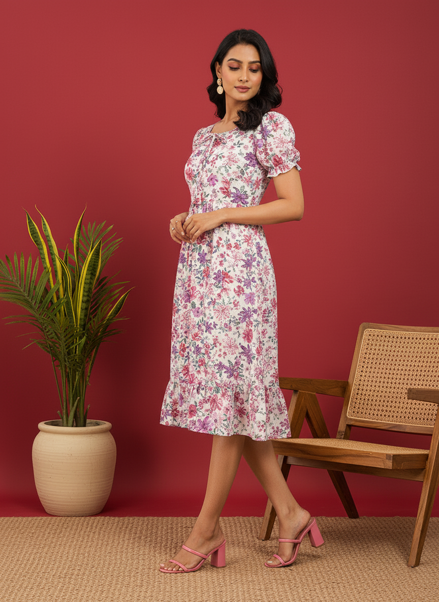 Chic Floral Print Puff Sleeve Midi Dress - Versatile A-Line Daywear