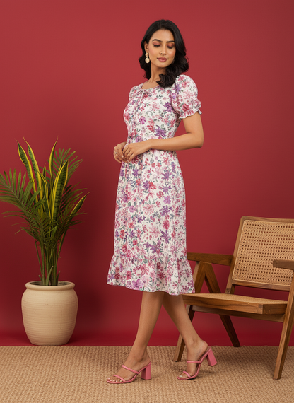 Chic Floral Print Puff Sleeve Midi Dress - Versatile A-Line Daywear