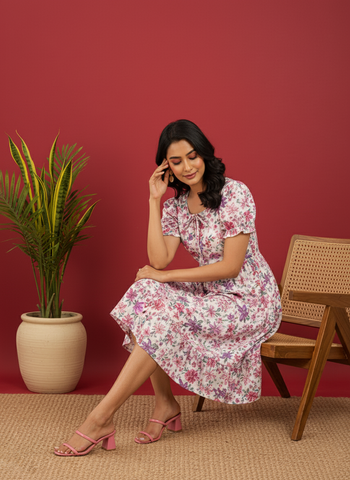 Chic Floral Print Puff Sleeve Midi Dress - Versatile A-Line Daywear