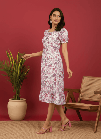 Chic Floral Print Puff Sleeve Midi Dress - Versatile A - Line Daywear - Uvercee