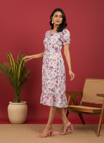 Chic Floral Print Puff Sleeve Midi Dress - Versatile A-Line Daywear