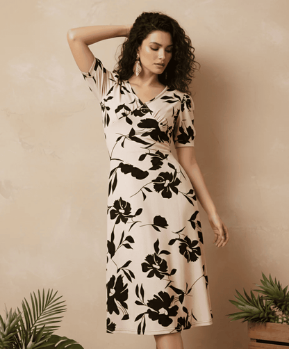 Flattering Fit Black Floral Wrap Midi Dress | V-Neck Western Wear Essential