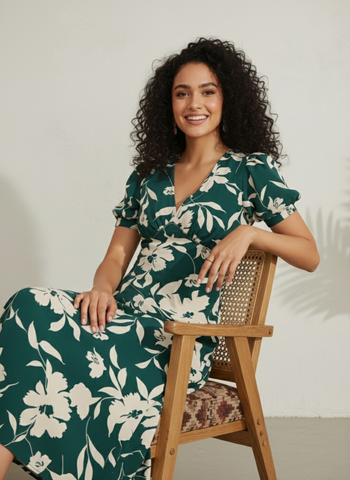 Elegant Emerald Green Floral Midi Dress | Flattering A-Line Western Wear for Women