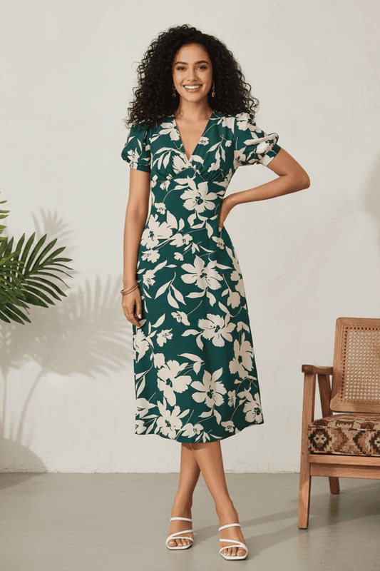Elegant Emerald Green Floral Midi Dress | Flattering A-Line Western Wear for Women