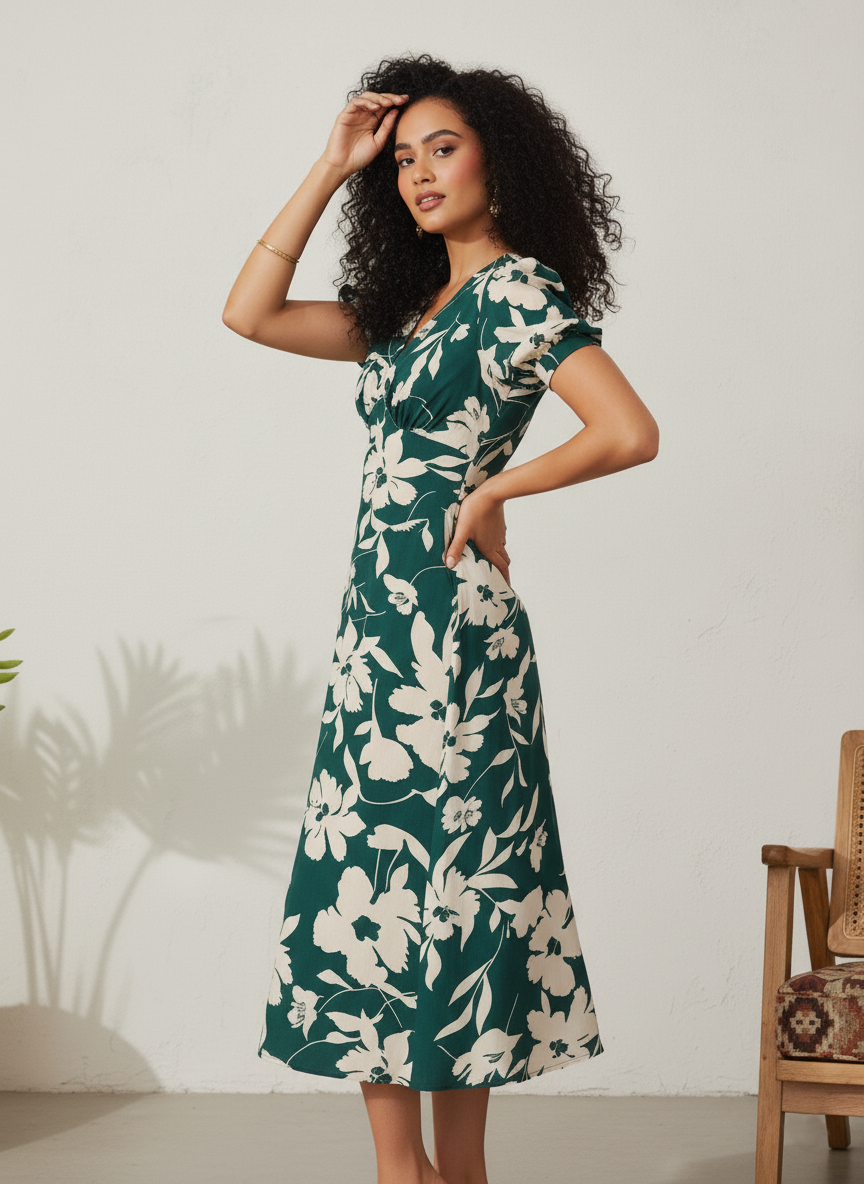 Elegant Emerald Green Floral Midi Dress | Flattering A-Line Western Wear for Women