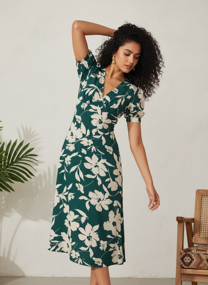Elegant Emerald Green Floral Midi Dress | Flattering A-Line Western Wear for Women