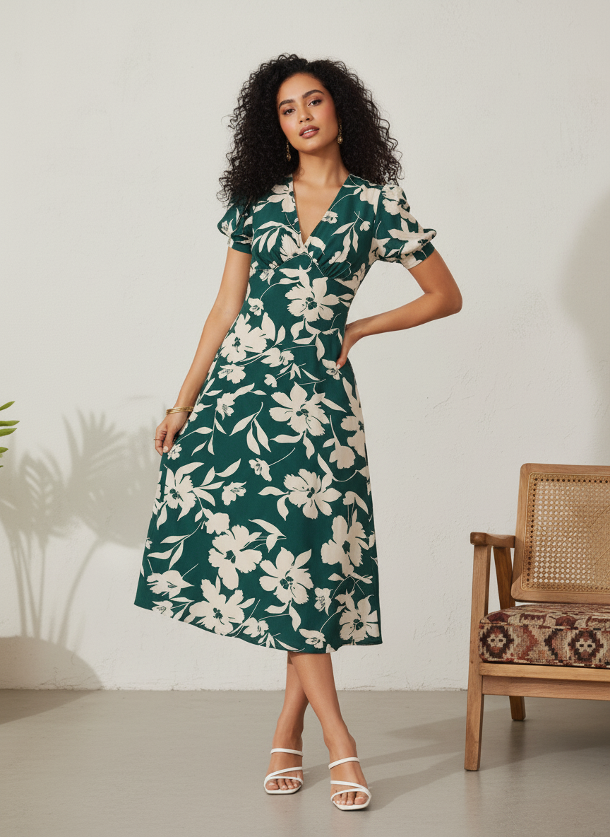 Elegant Emerald Green Floral Midi Dress | Flattering A-Line Western Wear for Women