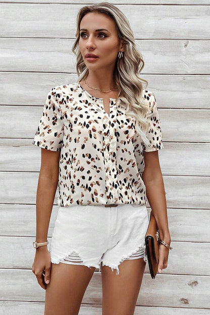 Uvercee Spotted Split V-Neck Short Sleeve Top
