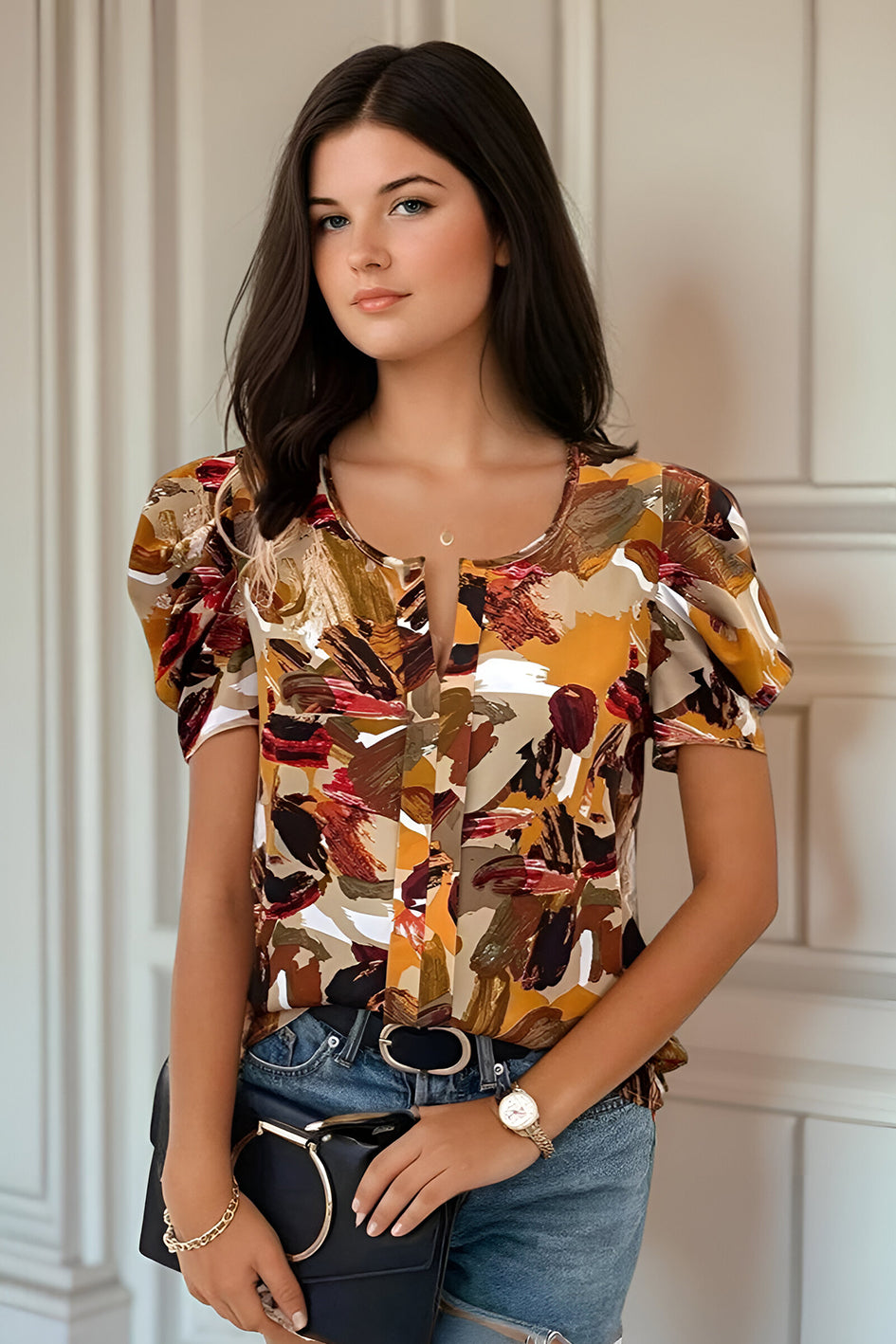 Uvercee Chic Abstract Print Puff Sleeve Top