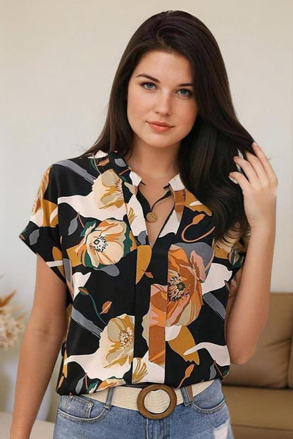 Uvercee Black Abstract Floral Short Sleeve Top - Uvercee