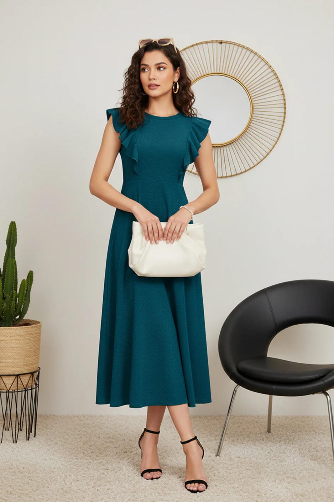 The Teal Statement: Ruffle Sleeve A-Line Midi Dress