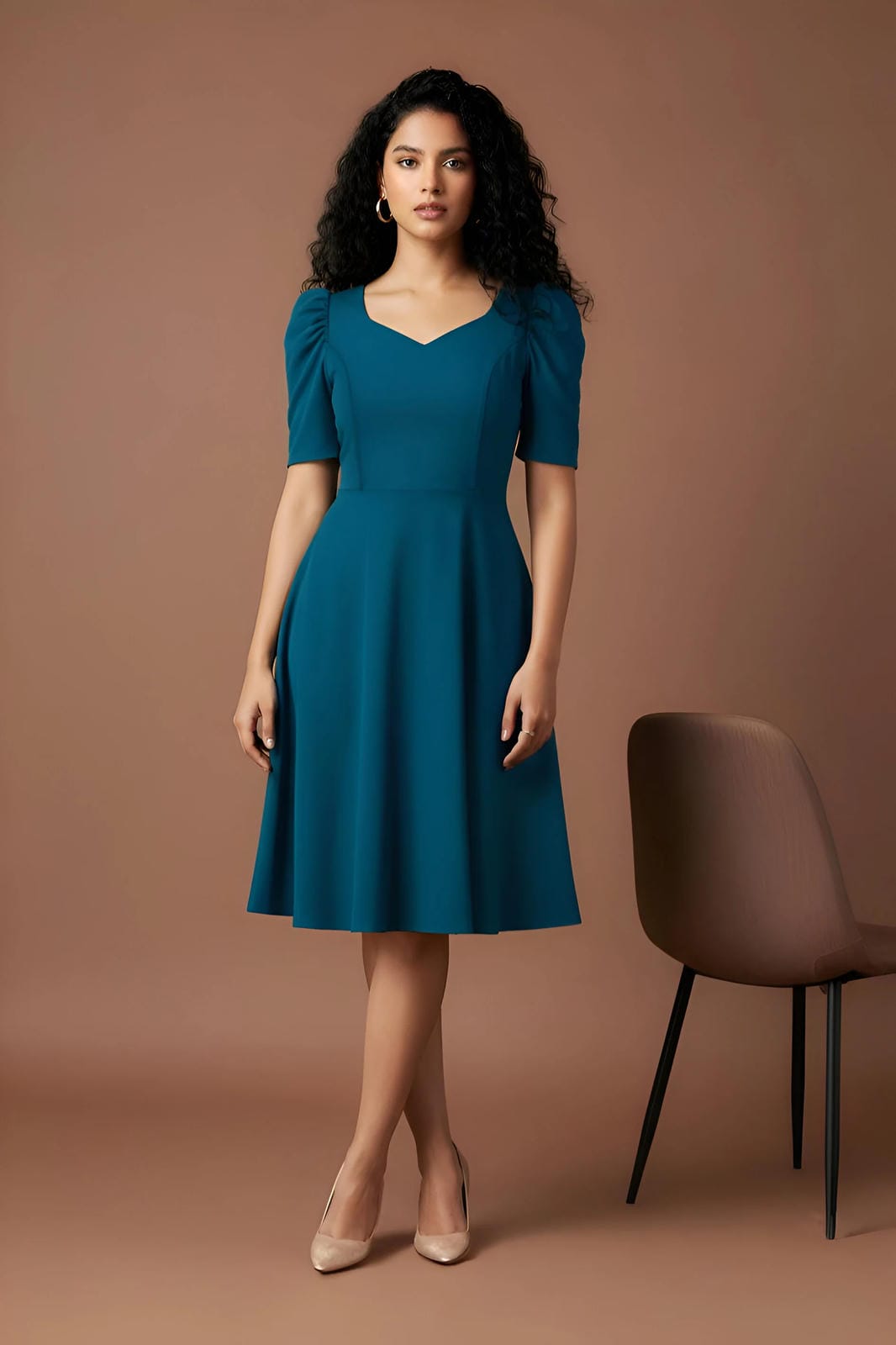 Elegant A-Line Midi Dress with Sweetheart Neckline & Puff Sleeves | Uvercee