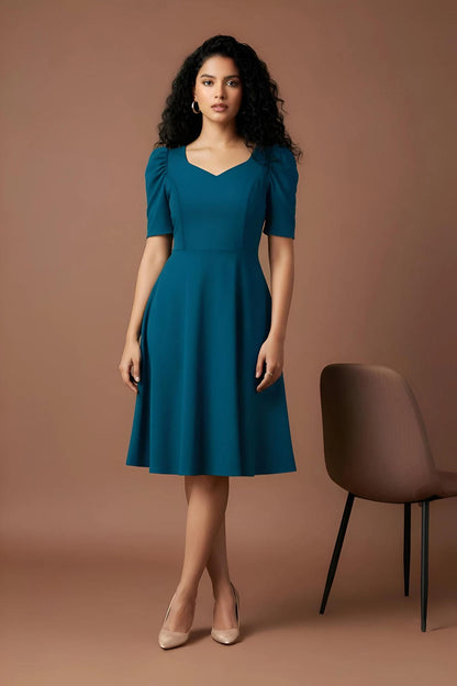 Elegant A-Line Midi Dress with Sweetheart Neckline & Puff Sleeves | Uvercee