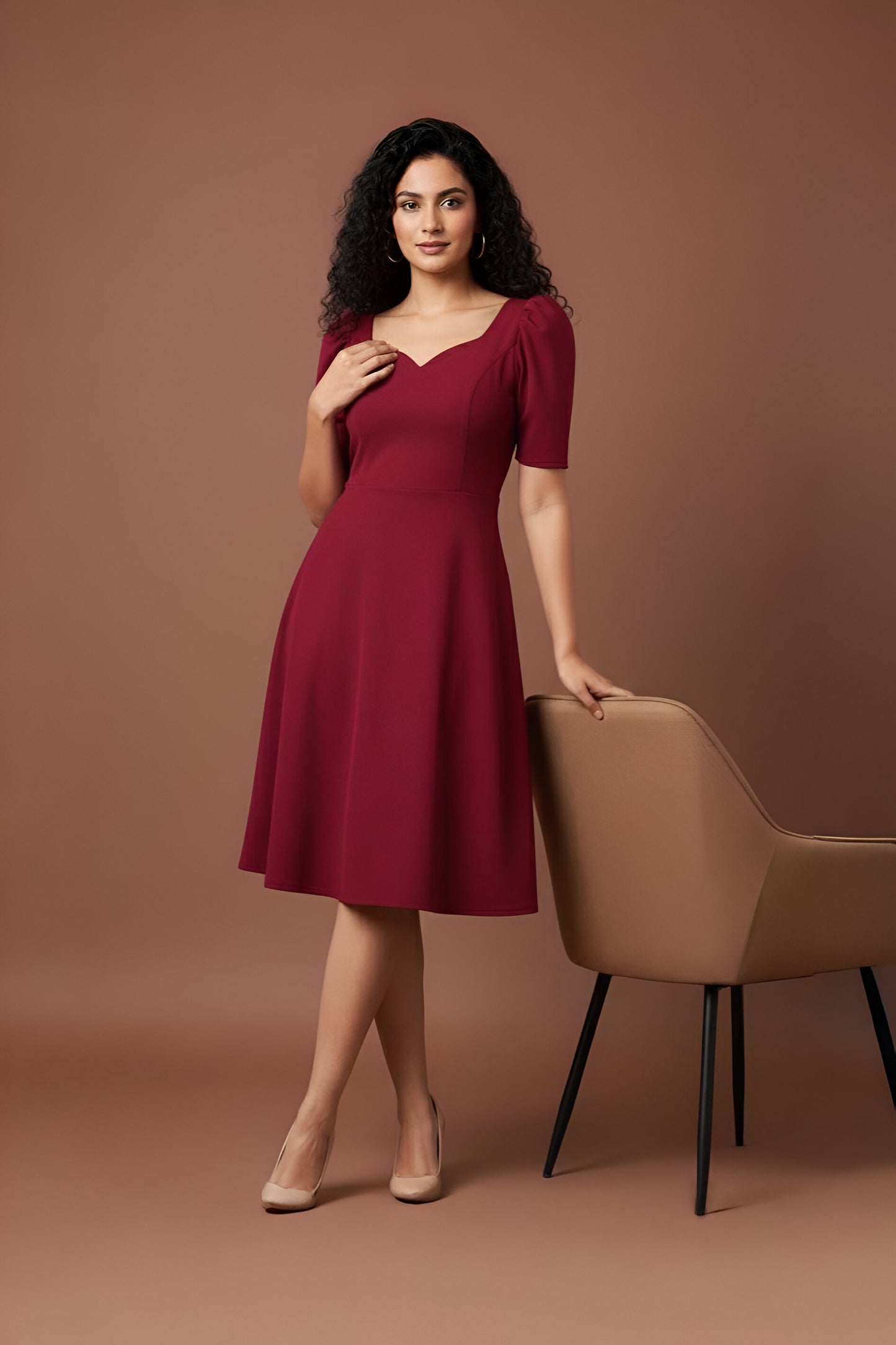 Elegant A-Line Midi Dress with Sweetheart Neckline & Puff Sleeves | Uvercee