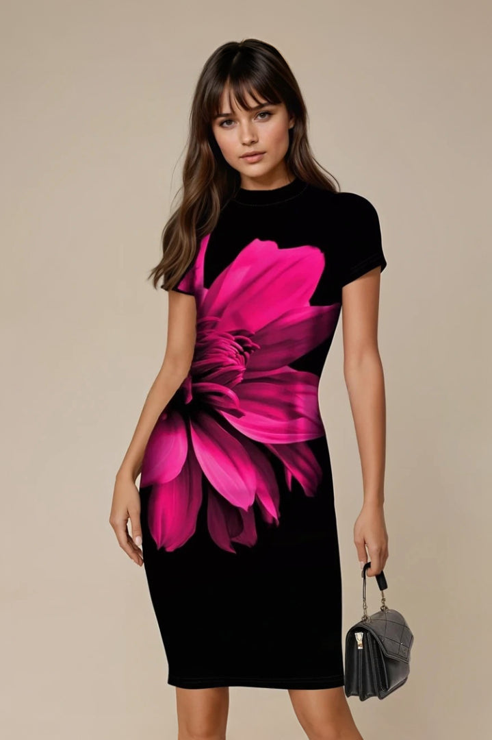 Floral Fusion Bodycon Dress - Sleek Black & Vivid Pink