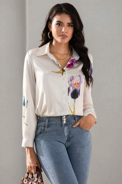 Floral Button-Down Elegant Women's Long Sleeve Shirt | Uvercee