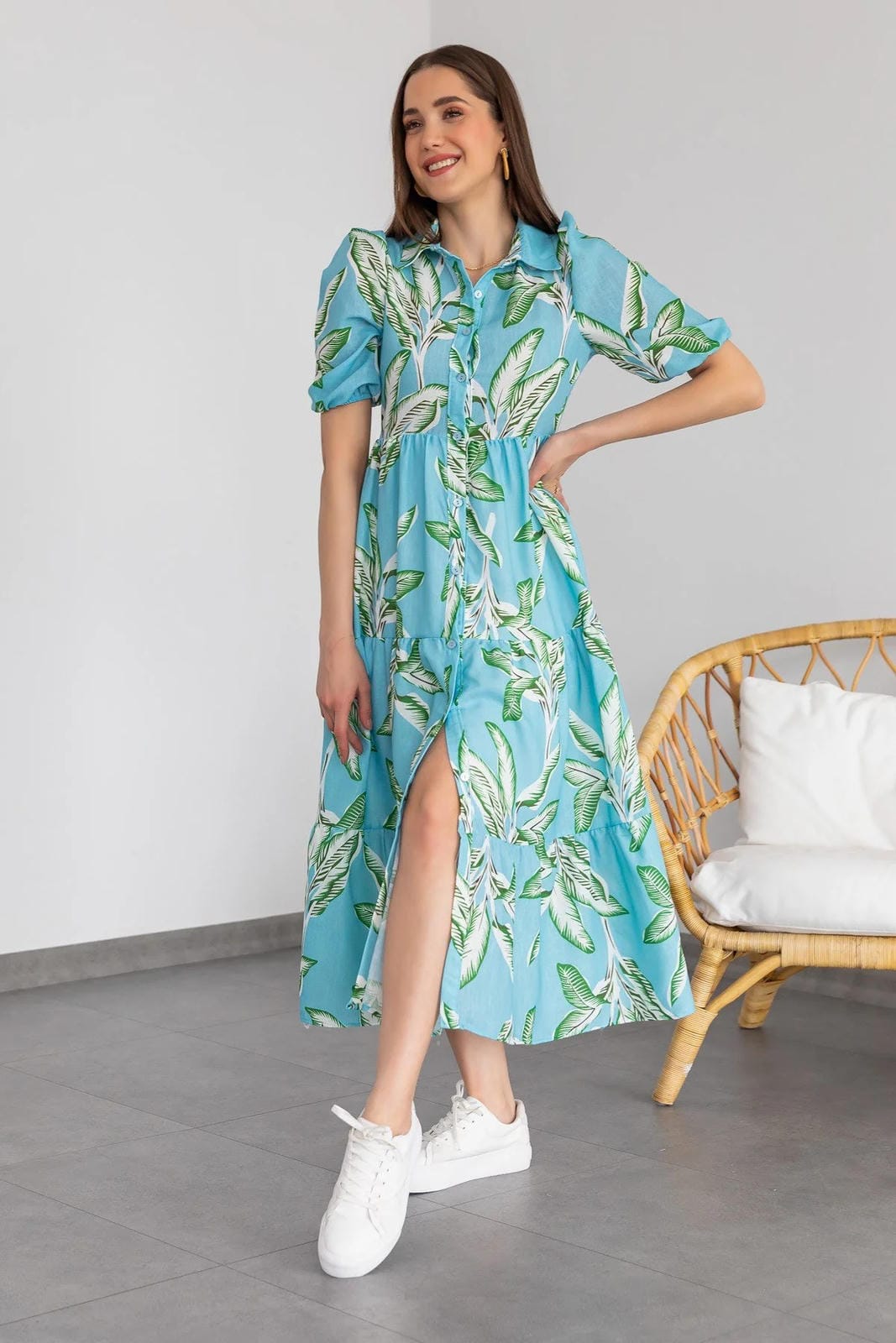 Breezy Leaf-Print Cotton Midi Dress - Sky Blue