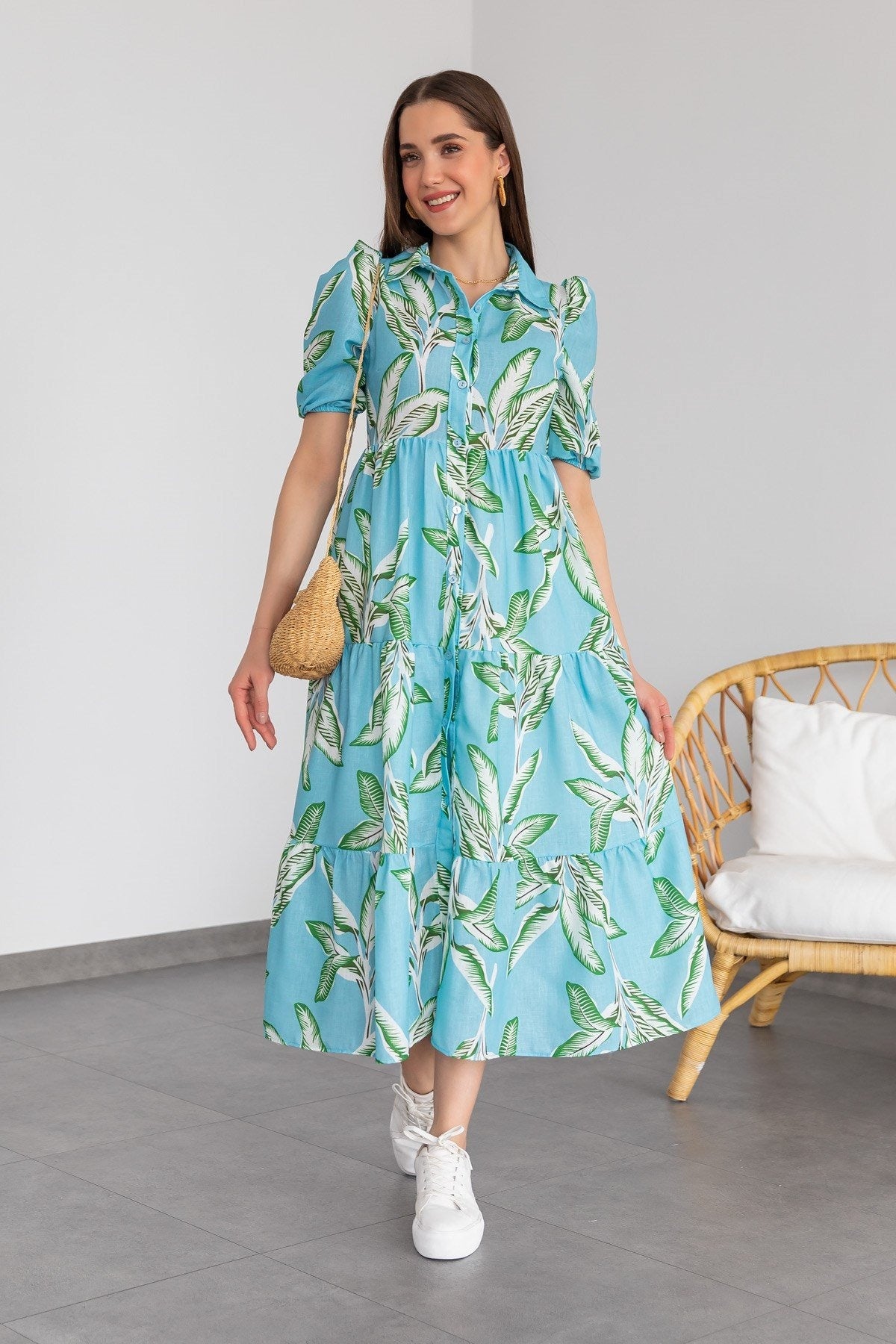 Breezy Leaf-Print Cotton Midi Dress - Sky Blue