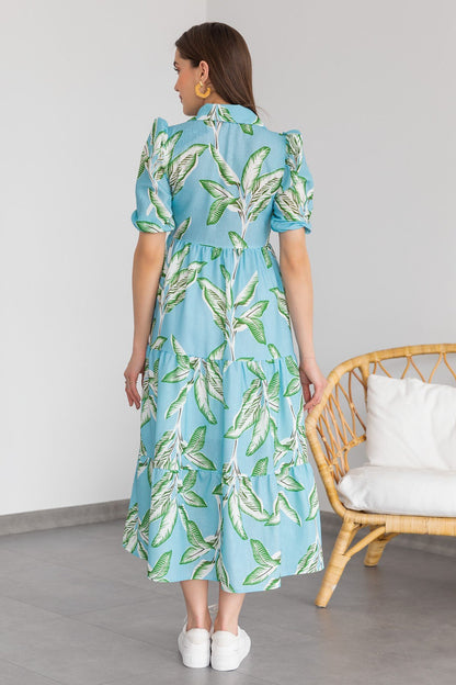 Breezy Leaf-Print Cotton Midi Dress - Sky Blue