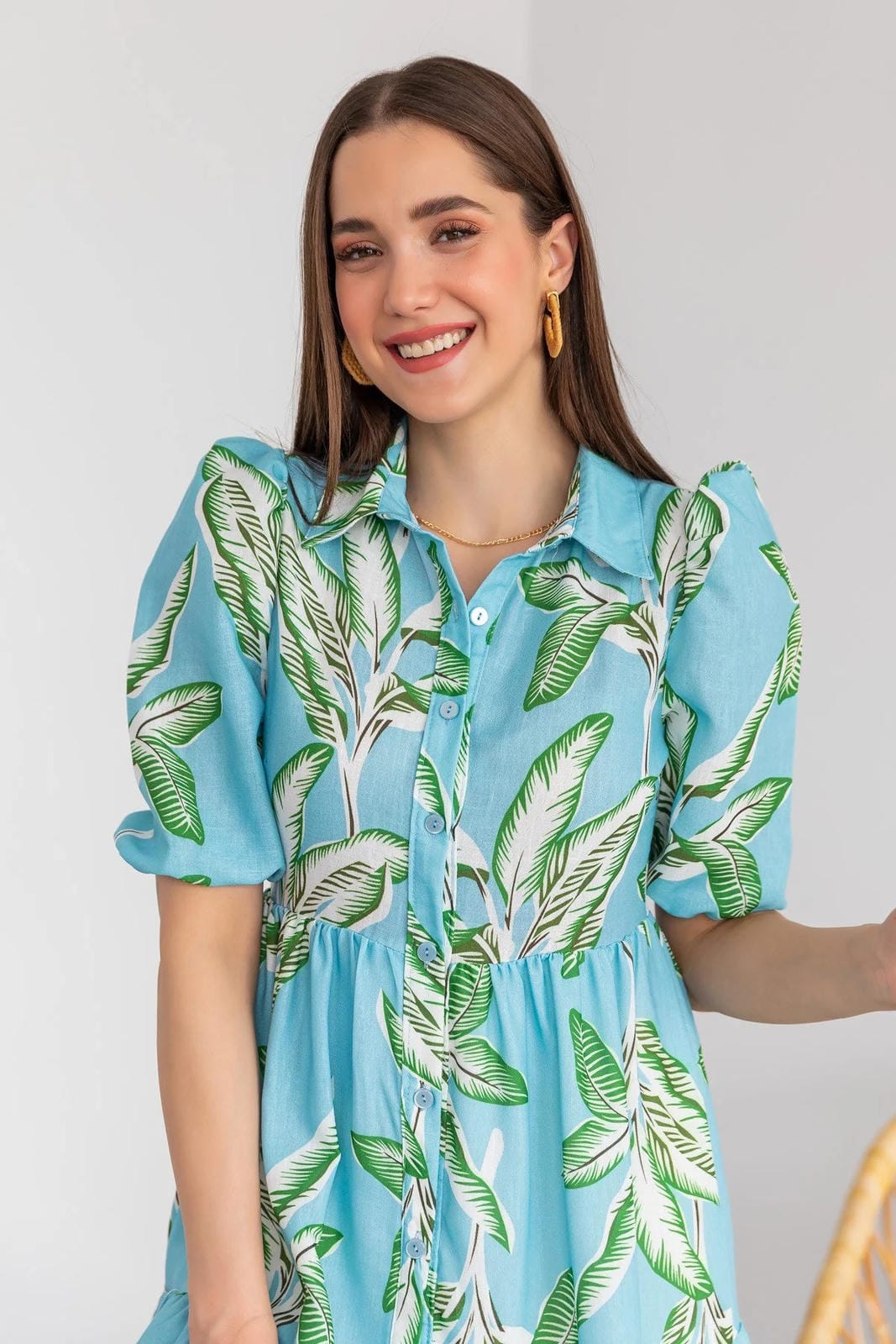 Breezy Leaf-Print Cotton Midi Dress - Sky Blue