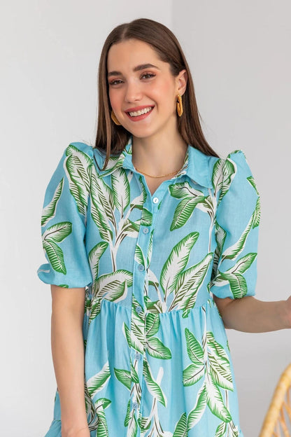 Breezy Leaf-Print Cotton Midi Dress - Sky Blue
