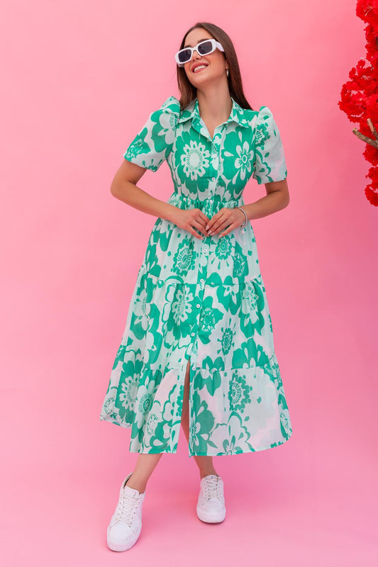 Boho Chic Floral Midi Dress - Green & White