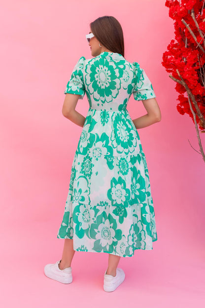Boho Chic Floral Midi Dress - Green & White
