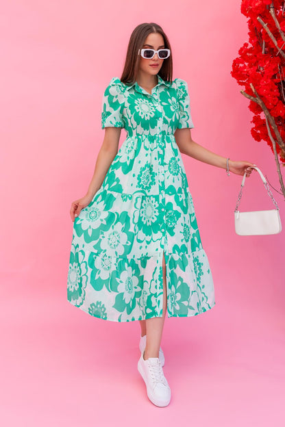 Boho Chic Floral Midi Dress - Green & White
