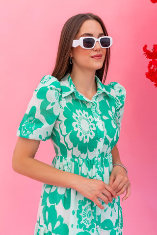 Boho Chic Floral Midi Dress - Green & White